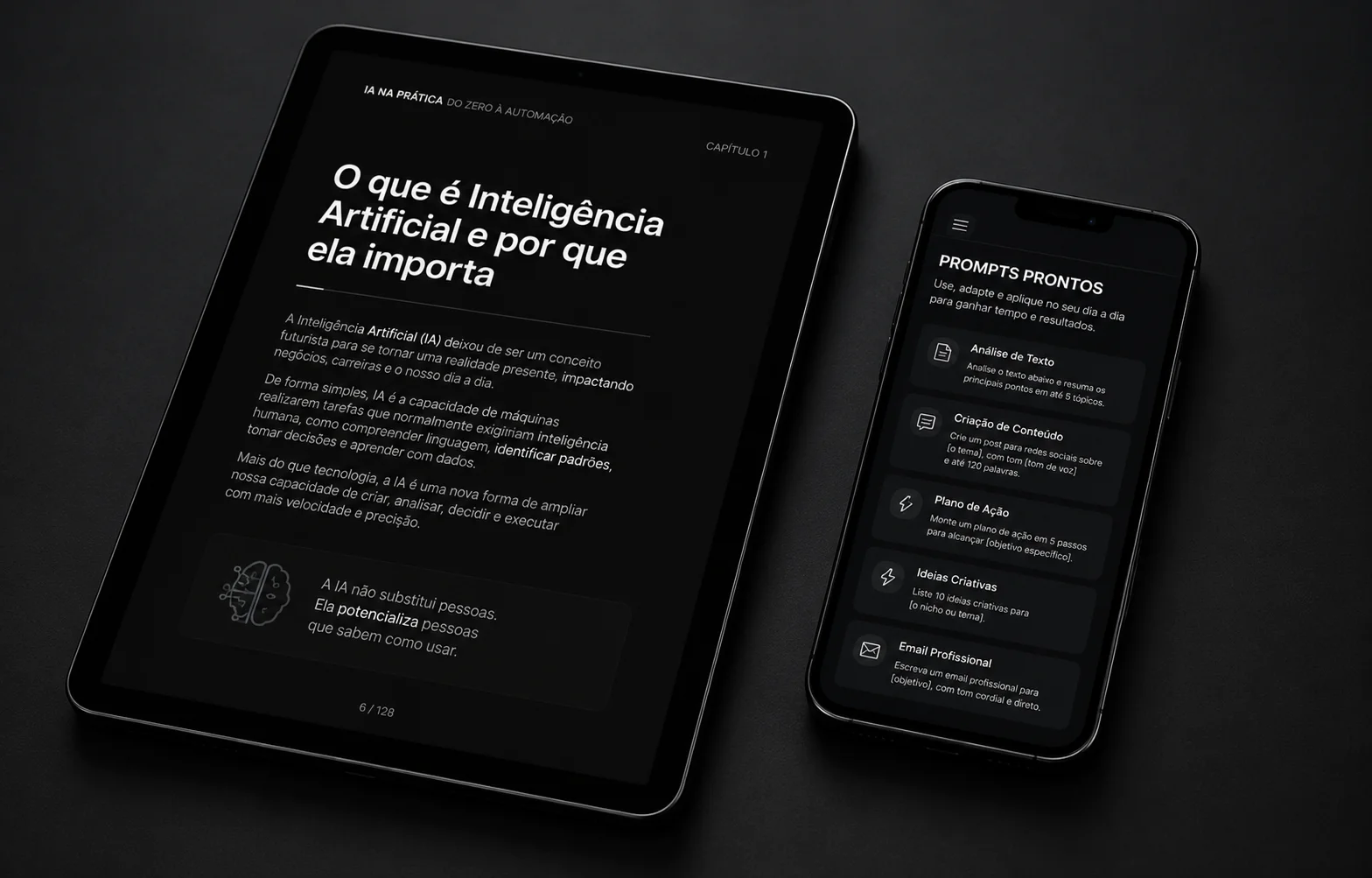 Conteúdo do ebook IA na Prática mostrado em tablet e celular